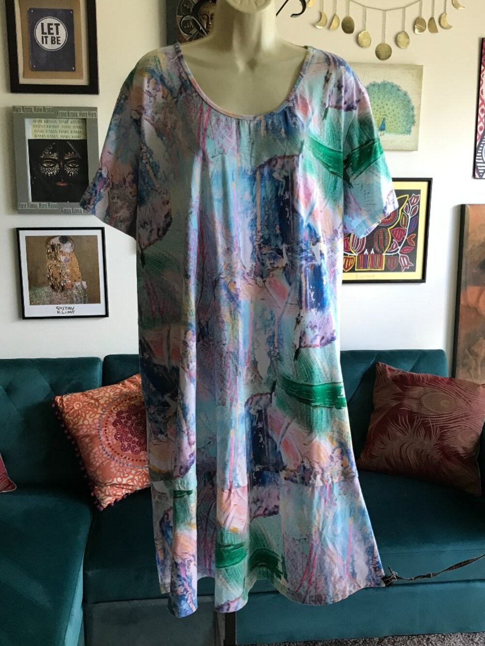 PARSLEY & SAGE size 2X Colorful Artsy Print Cotton Knit T-Shirt Dress Pockets